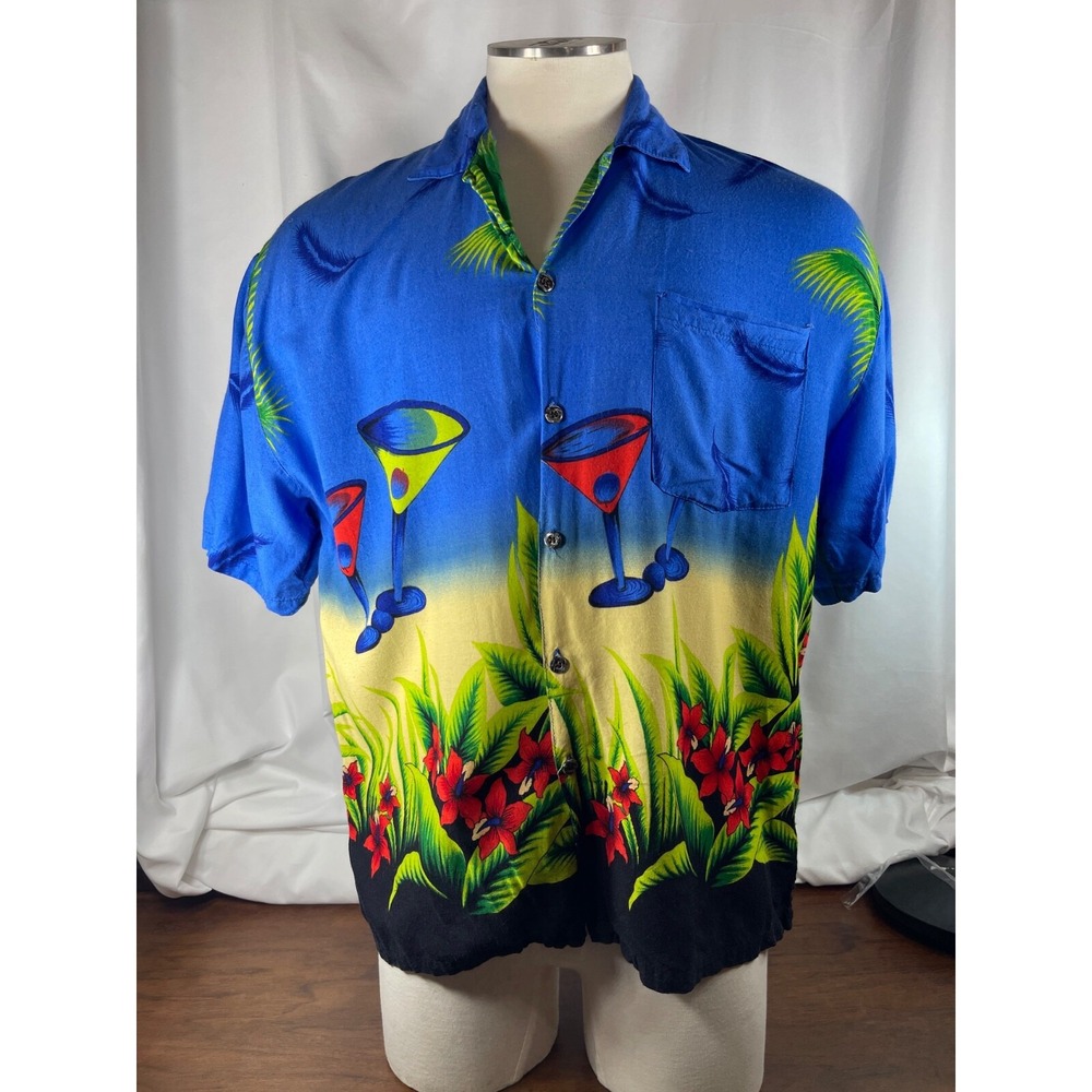 VTG Martini Theme Original Hawaiian Shirt by‎ Basix Tropical Mens LG 100% Ray